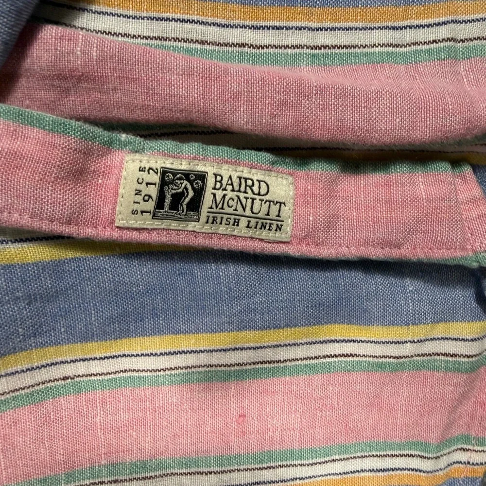J.Crew Irish Linen Shirt Classic Mens L Pink Blue Stripe 100% Linen EUC